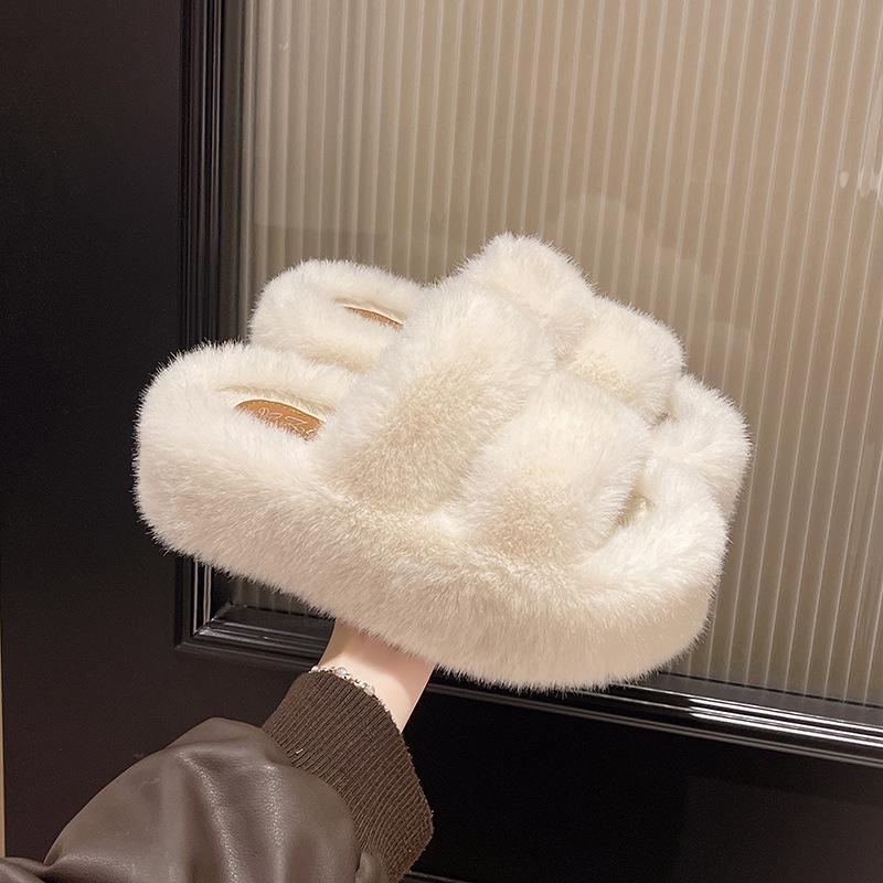 Muffin large size thick bottom height increase and fluffy slippers women wear autumn and winter fashion plush office home cotton mop