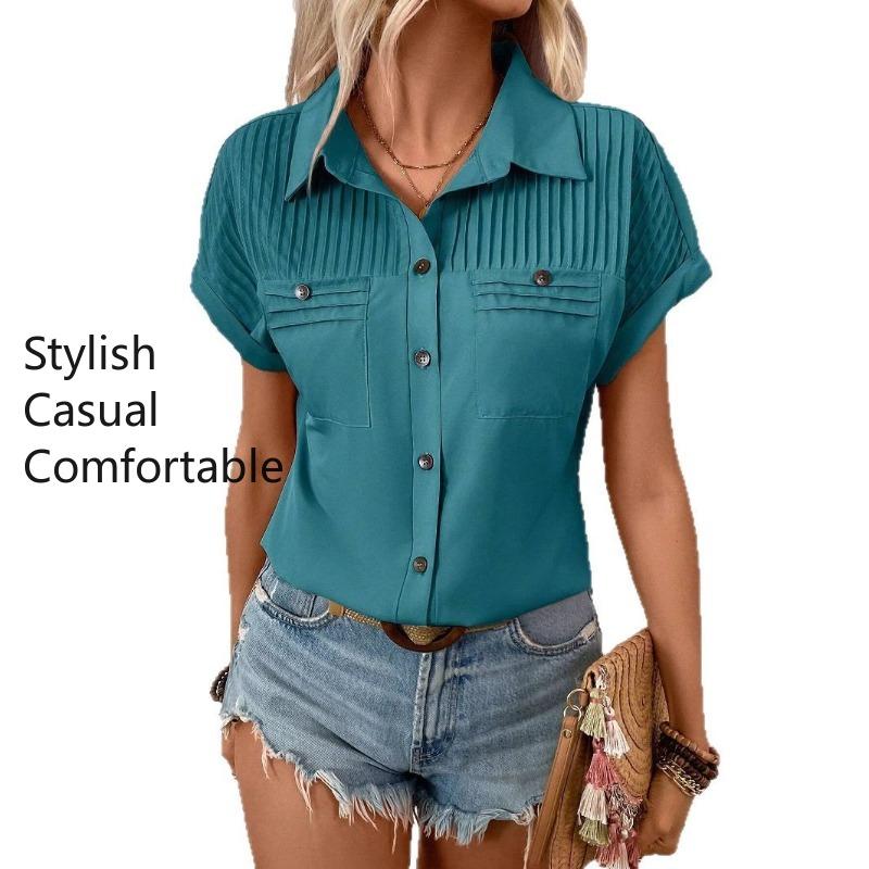 Women's Fashion Casual Summer Spring Solid Color Print Short Sleeve POLO Neck Blouses & Shirts
