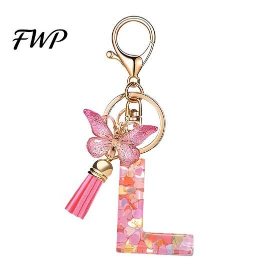 Initial Letter Charm Keychain Pink Series Pendant, Sequins Heart Key Chain with Holder Pendant Butterfly Tassel Design, A-Z for Bag Purse Backpack
