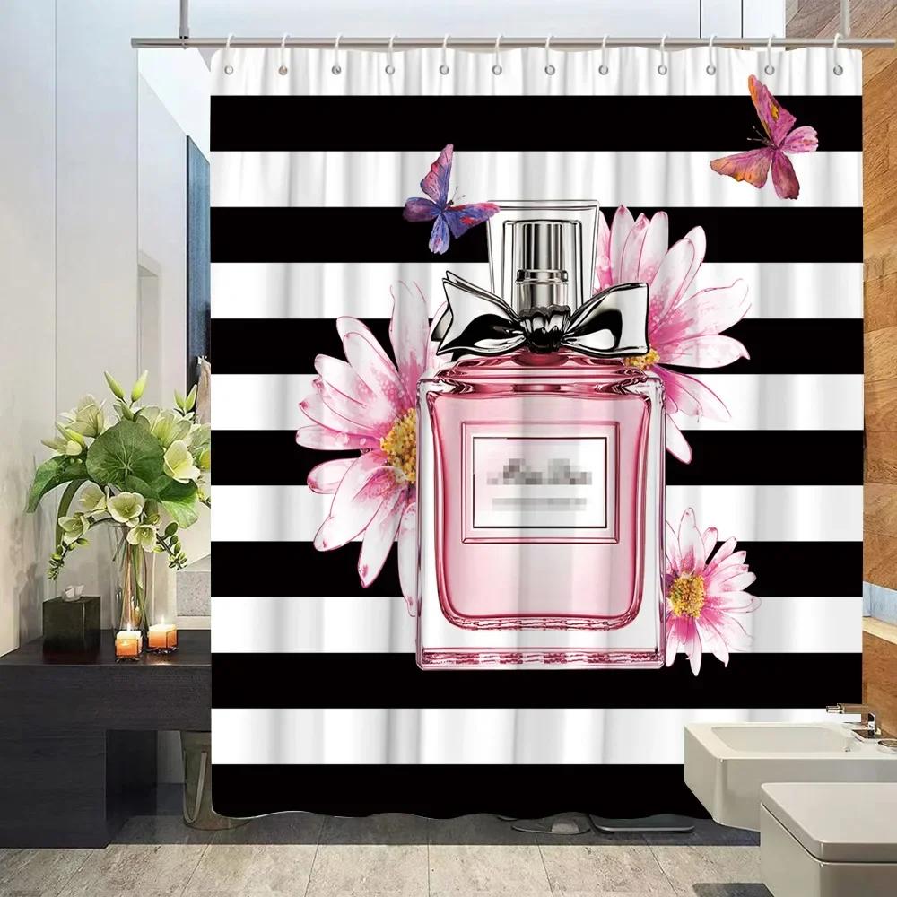 Cosmetic Perfume and Floral Shower Curtain and Rug Bathroom Set Flowers Heels Lipstick Home Cloth Hanging Curtain Bathroom Decor