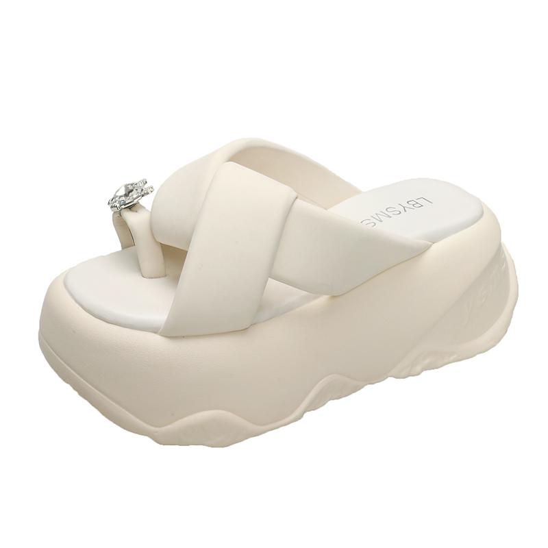 

Fashion 8CM Heels Chunky Slippers Women Open Toe High Platform Leather Sandals Woman New Summer Thick Bottom Beach Crystal Flip Flops 35 бежевый