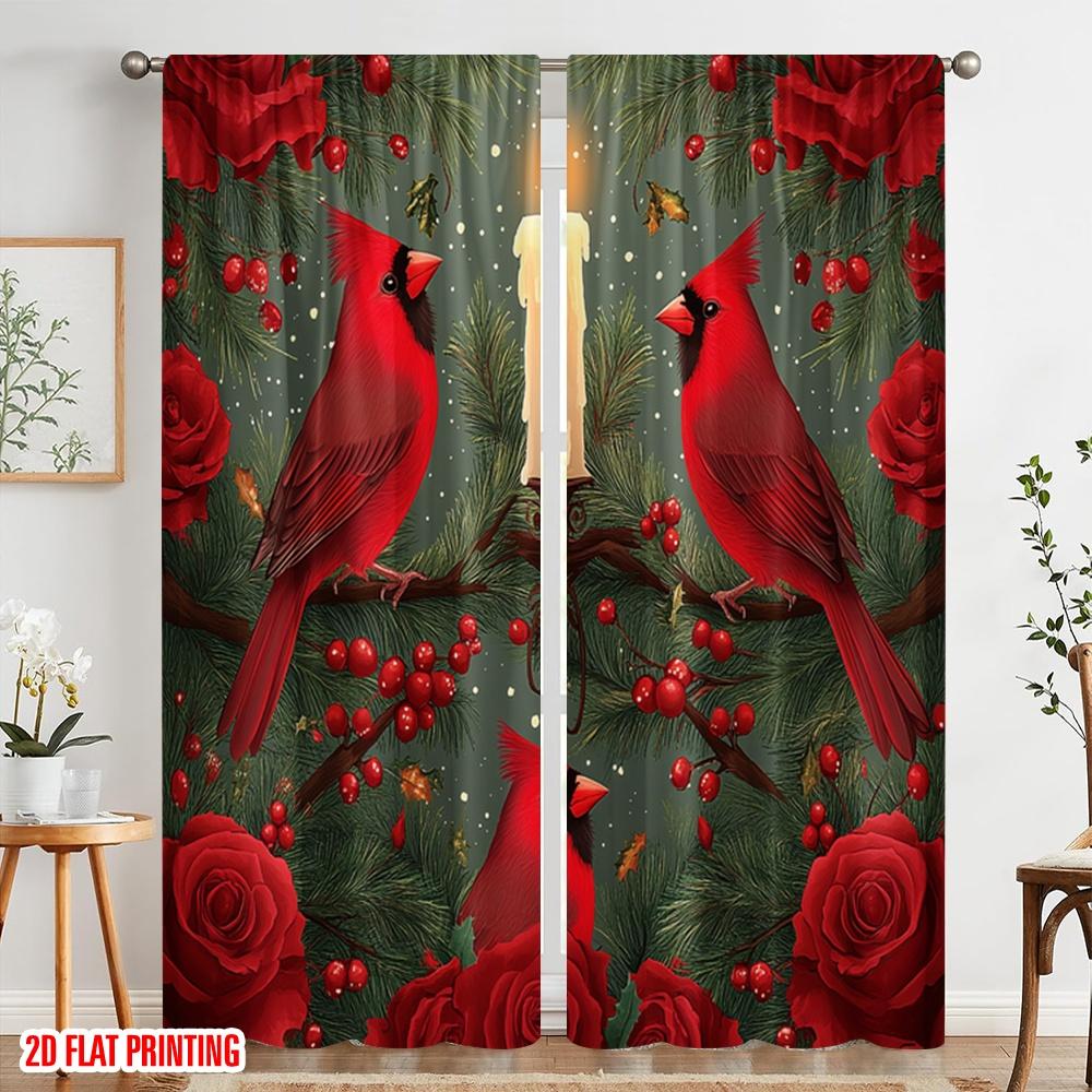 2pcs,2D Plane Printing Creative Curtains Cardinal Bird Christmas Winter Red (2) Versatile Durable Polyester (without Rod)