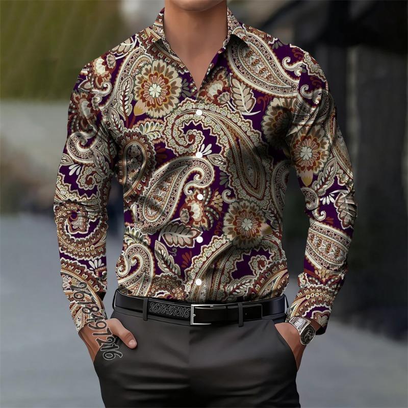 Camicia da uomo vintage in cashmere con stampa floreale paisley a maniche lunghe, casual, elegante, alla moda, comoda, alta qualità, top da uomo con colletto