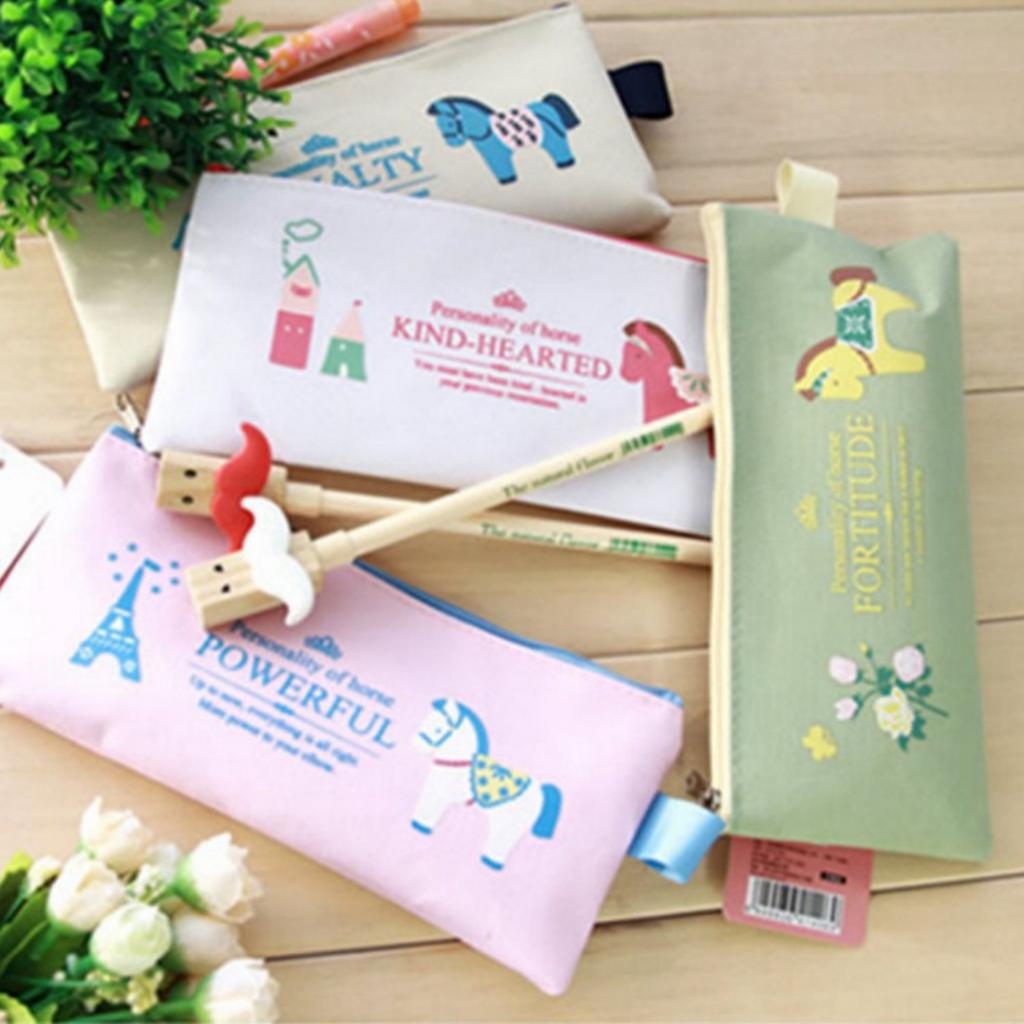 Cartoon Horse Printed Canvas Pencil Bag Korean Pencil Case Large Capacity Storage Bags Student Stationery Pouch School Supplies