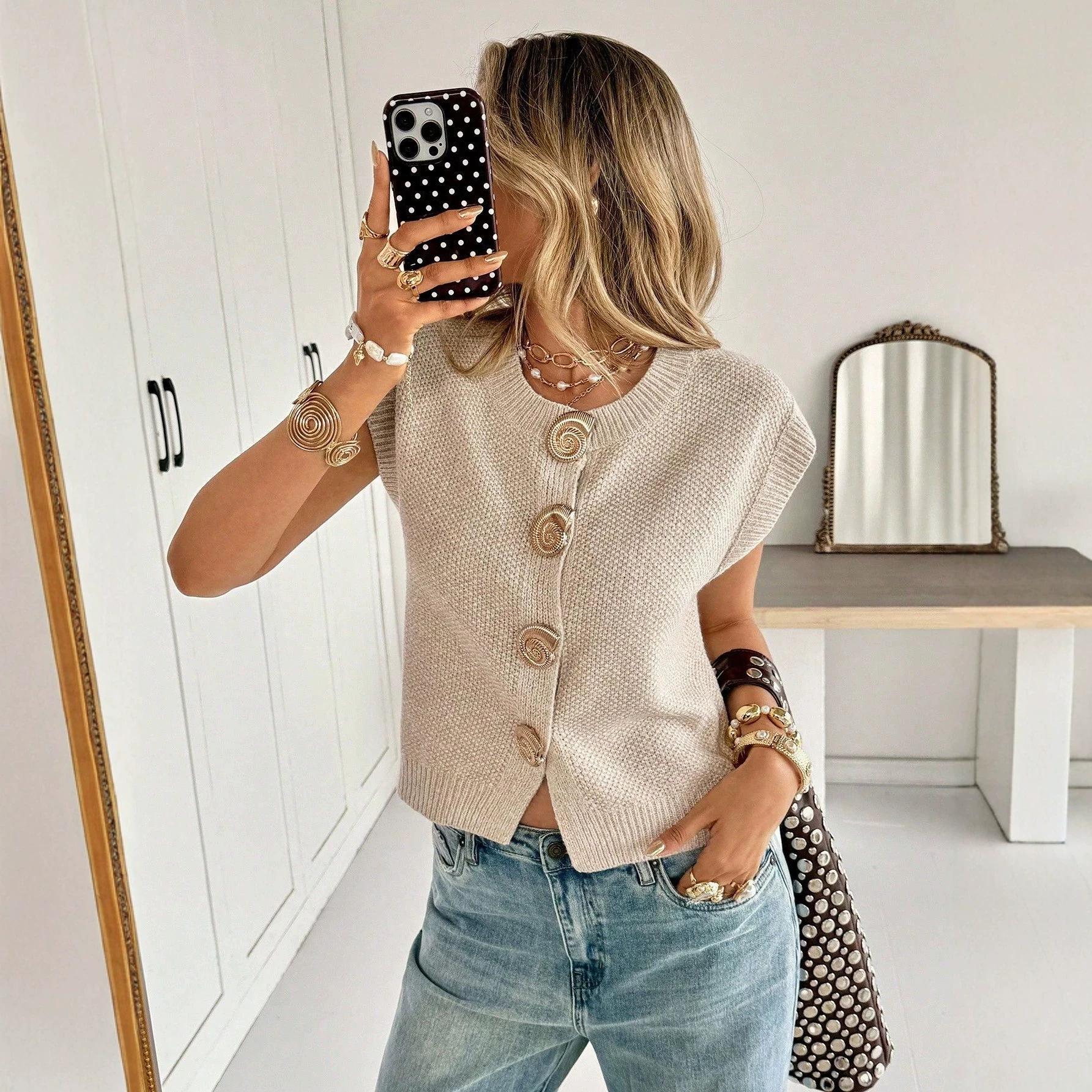 Summer Casual Commuter Style Apricot Crewneck Knitted Button Single-Breasted Sleeveless Vest Sweater Top Xl