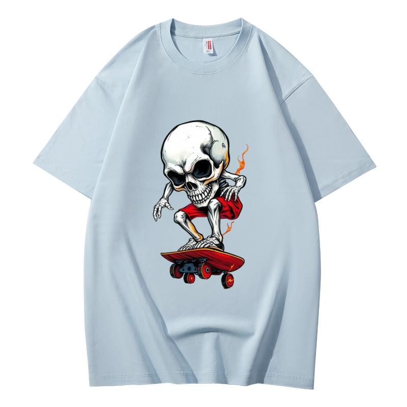 Unisex Casual Cotton Short Sleeve T Shirt Skull Skateboard Gothic Graphic Print Tee