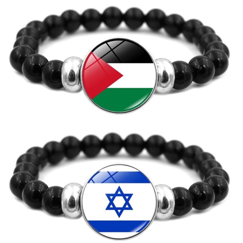 Israel Palestine Flag Gemstone Bracelet Unisex Black Beaded Jewelry Wholesale
