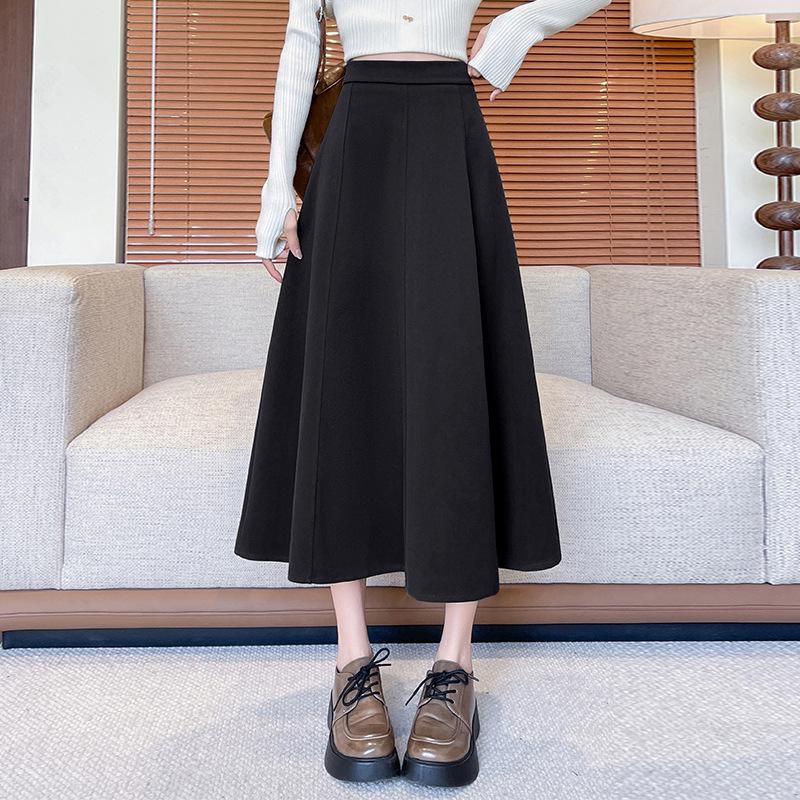Evropská a americká vlněná áčková midi sukně - Korejský styl s vysokým pasem, Černý plisovaný design pro jaro/podzim