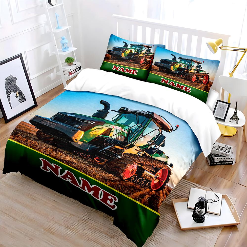 

3PC Custom Name Farm Tractor Printed Bedding Set Cartoon Anime Duvet Cover Comforter Pillowcase Boys Girls Children Adults King EU Twin 135X200cm