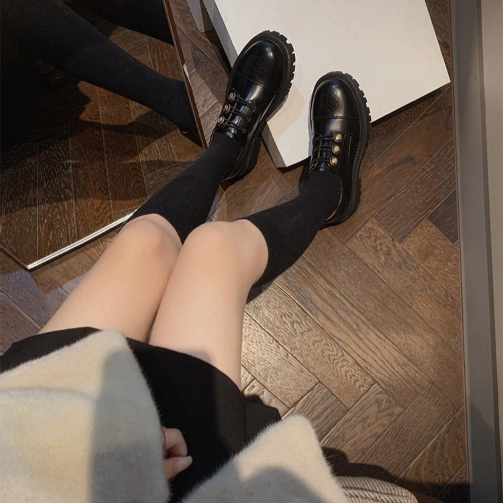 Fashion Spring New Black Loafers Women Chunky Heel Shoes Camellia British Retro Oxfords