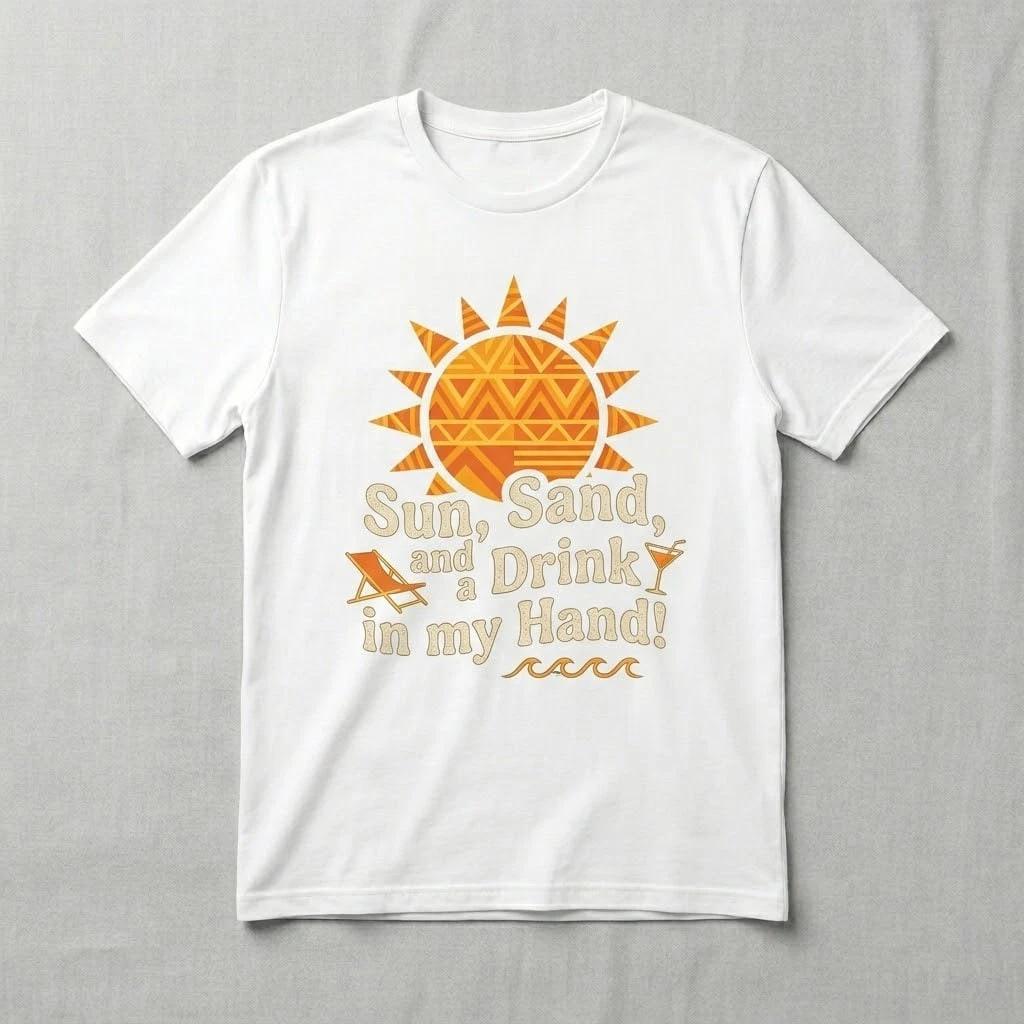 Sun Sand and a Drink in my Hand T-Shirt - Summer Vacation Beach Graphic Tee L