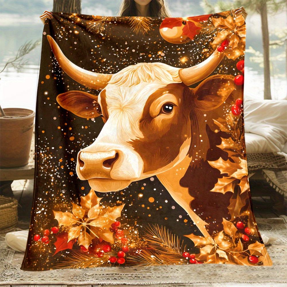 

1pc Autumn Bull Animal Pattern Fleece Blanket Rustic Farmhouse Style Cozy Fall Decor Soft Throw for Living Room 75x100cm