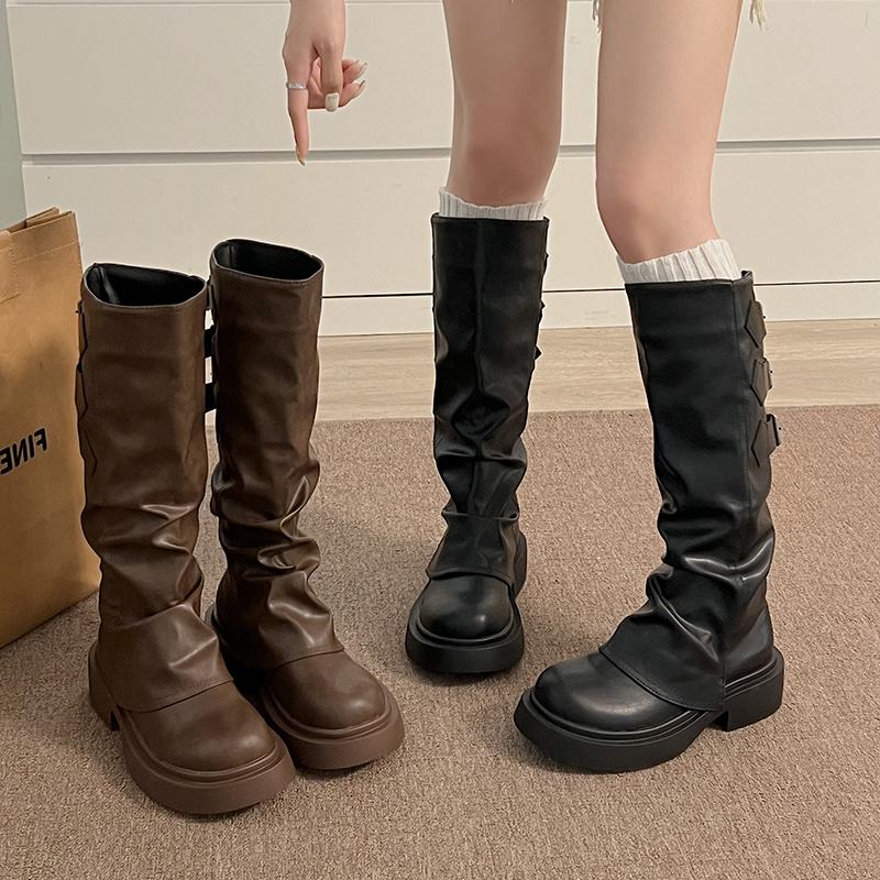 Vintage Belt Buckle Woman Knight Long Boots Fashion Pleated Low Heel Knee High Booties Botas De Inverno Feminina