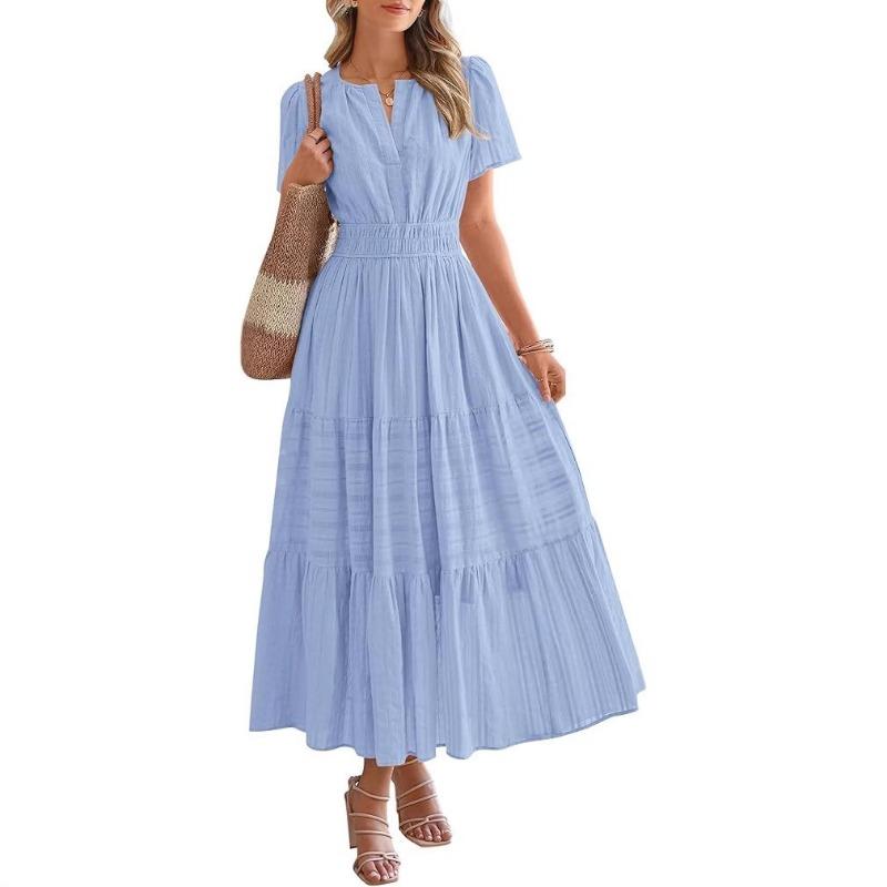 Women's V-neck Pull-out Puffy Sleeve Short Sleeve Dress