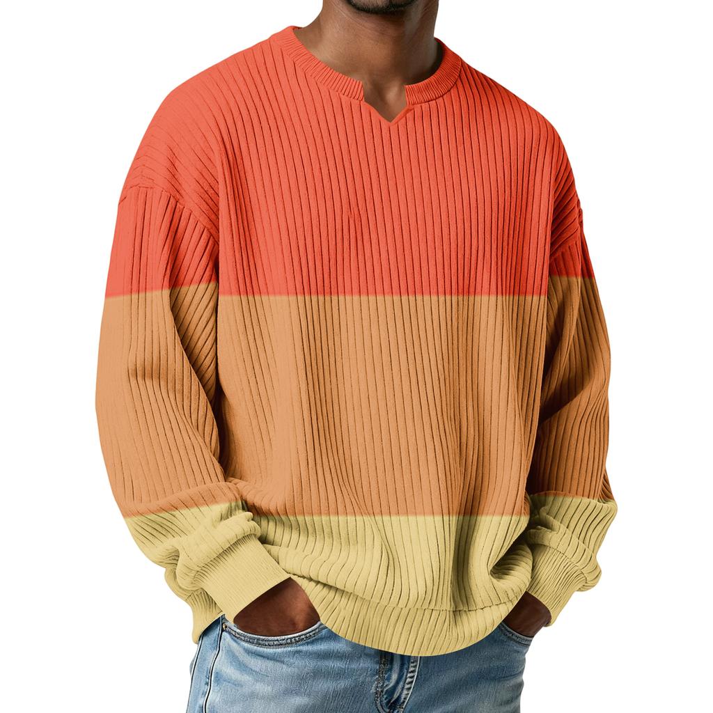 Herrars Färgblockerad Stilfull V-ringad Ribbad Texturerad Långärmad T-shirt