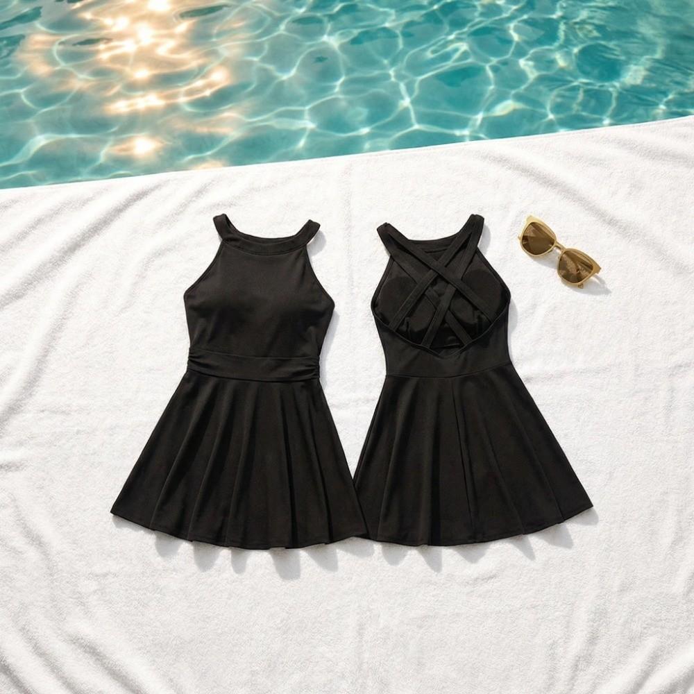 Pleated Backless Skirt Swimsuit Slim Fit Hot Spring Swimwear Sweet Hanging Neck Swimsuit Women
