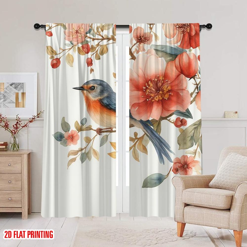 2 Stück, 2D-Flachdruck Lichtfilternde Vorhänge Vogelgesang Blüte 100% Polyester (ohne Stange) Festlich Ideal für Schlafzimmer und
