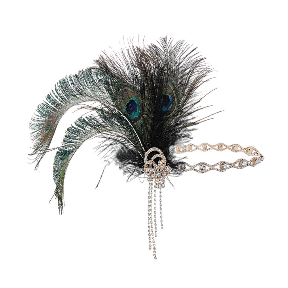 Rhinestone Elegant Masquerade Hair Band Zircon Tassel Exquisite Feather Headband Retro 1920s Party Bridal Headdress