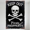 Vintage Weathered Skull Crossbones 'KEEP OUT PIRATE PROPERTY' Metal Tin Sign for Bar Man Cave Home Decor, Rustic Aged Black Meta