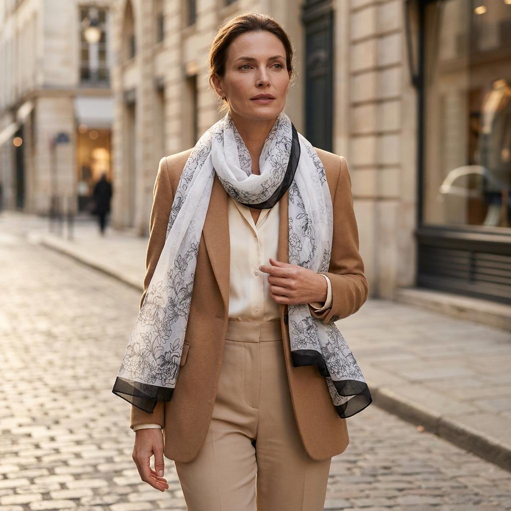 Elegant scarf in a black and white floral pattern with dark piping - lightness and style