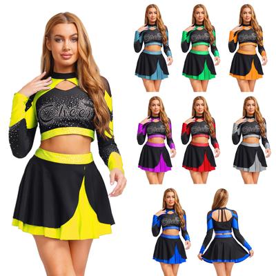 Womens Cheerleading Outfit Two Piece Long Sleeve Hollow Out Crop Top Skater Skirt Sparkle Rhinestone Apparel