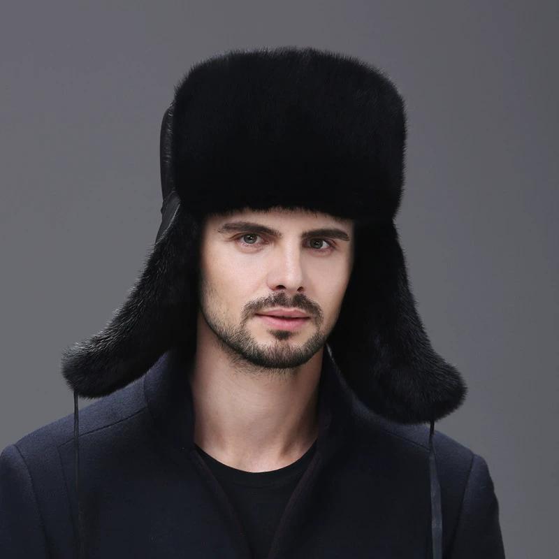 Cheney Fox Mink Hat Male Middle-aged and Elderly Outdoor Warmth in Winter Leather Ear Protection Whole Mink Fur Hat
