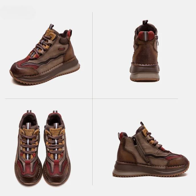 Johnature Mixed Colors Retro Thick Soled Lace Up Short Boots Genuine Leather Casual Commuting Women's Shoes