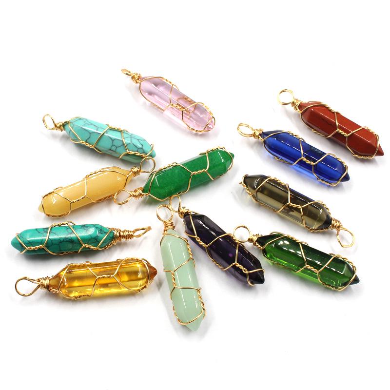 Hexagonal Wire-Wrapped Natural Crystal Stone Pendant Necklace for Women