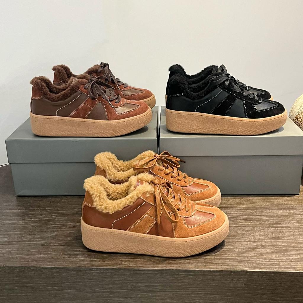 Fleece Leather German Training Shoes for Women, New Cotton Winter Wool Flat-bottomed Casual Board Shoes Forrest Gump Shoes