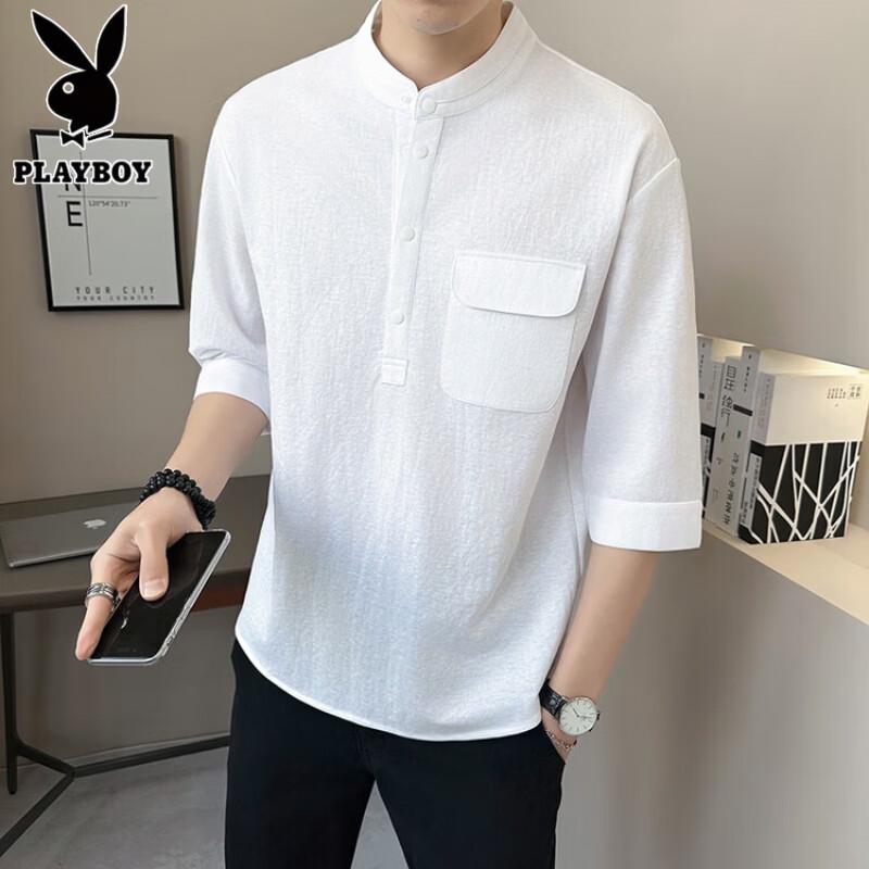 

Playboy Men s Stand Collar 3/4 Sleeve Linen Blend Pullover Shirt XL