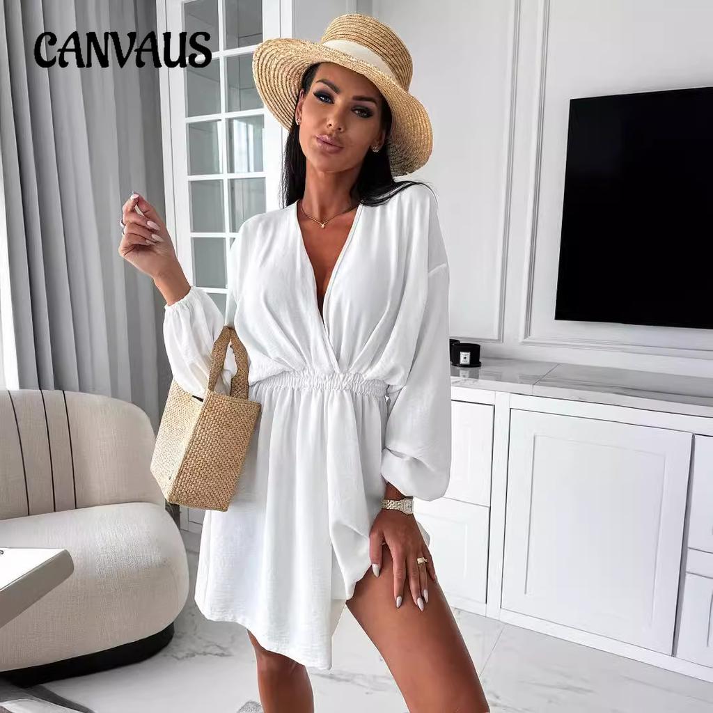 Spring and Autumn Women's Long Sleeve V-Neck Waisted Big Swing Dress