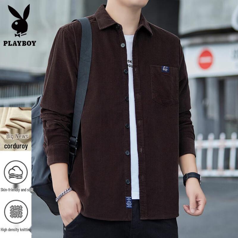 PLAYBOY Men's Pure Cotton Corduroy Long-Sleeve Shirt