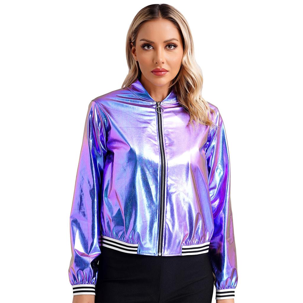 Women's Sparkly Holographic Lightweight 90S Shiny Metallic Long SleeveBomber Jacket