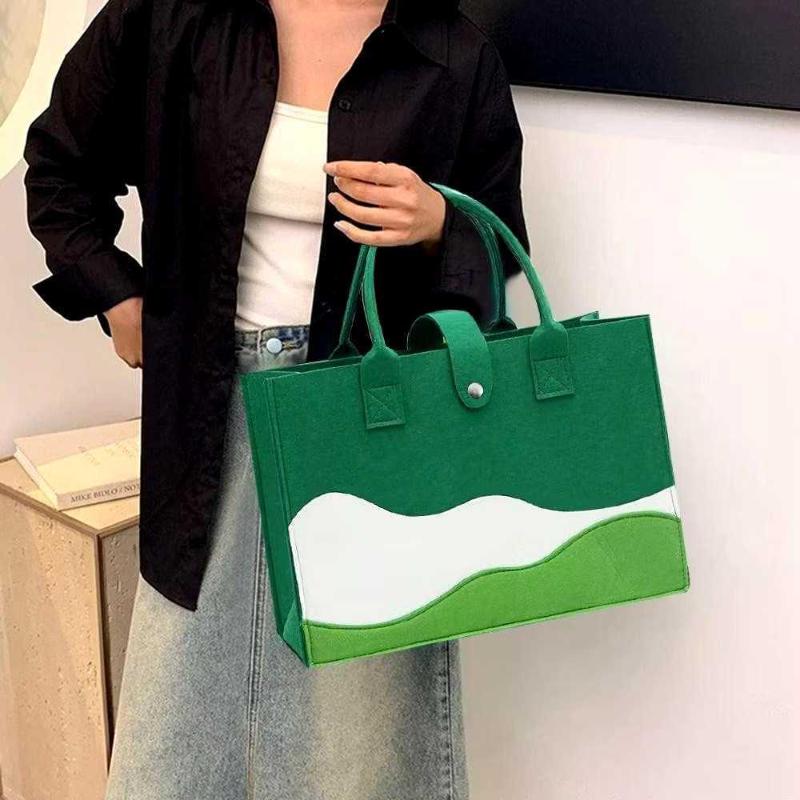 Reusable Felt Tote Bag Wavy Color Block Design Snap Closure Large Capacity for Picnic Shopping Office Commute
