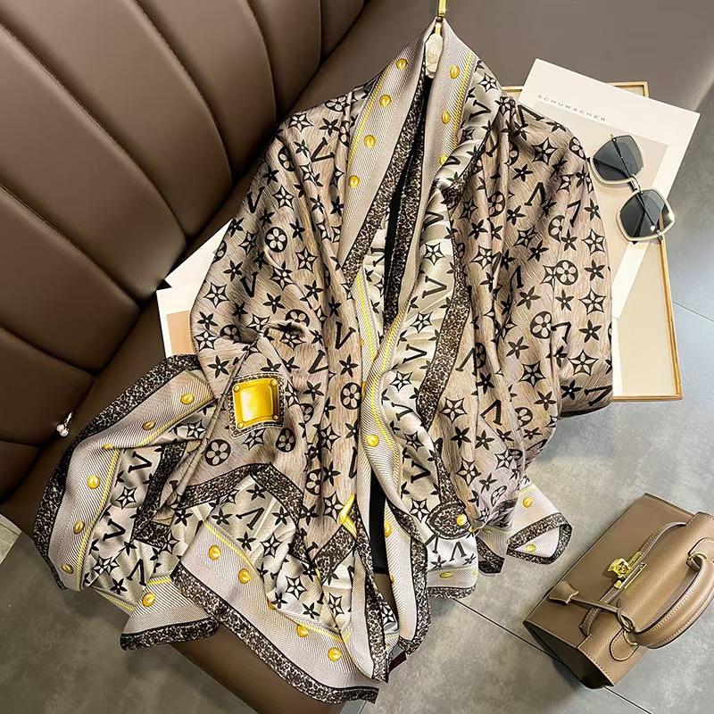 Spring and Summer Thin Silk Scarf High-end Printed Long Scarf New Satin Travel Sunscreen Scarf National Style Cloak