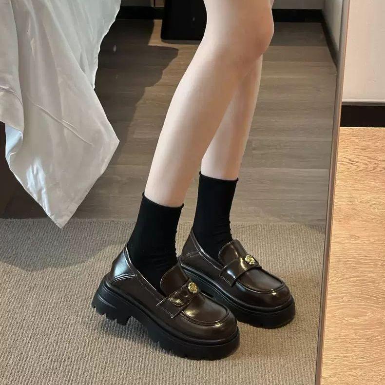 Toc gros stil britanic pantofi mici din piele pentru femei 2025 iarnă nou retro loafer platformă negru francez cu un singur pedal pantofi simpli