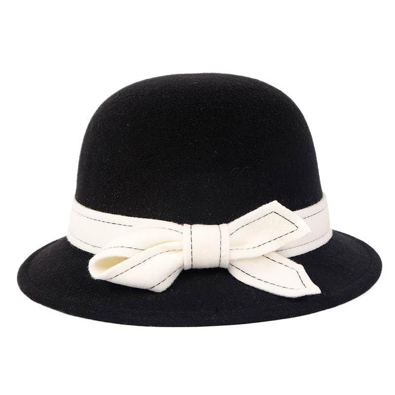Bowler hat ladies autumn and winter fashion woolen bucket hat elegant celebrity top hat bow basin hat tide
