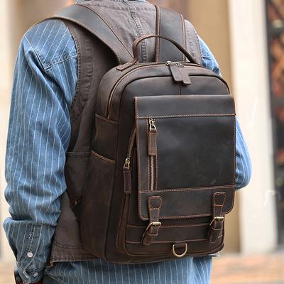 Mad Horse Leather Business Computer Backpack Ανδρική τσάντα ταξιδιού εκτός σπιτιού Ανδρική τσάντα πλάτης από γνήσιο δέρμα