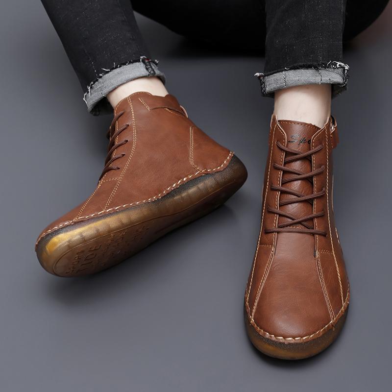 Men Handmade Leather Shoes Casual Hiking Boots Outdoor Black High Top Wide Palm Driving Shoes Large Size