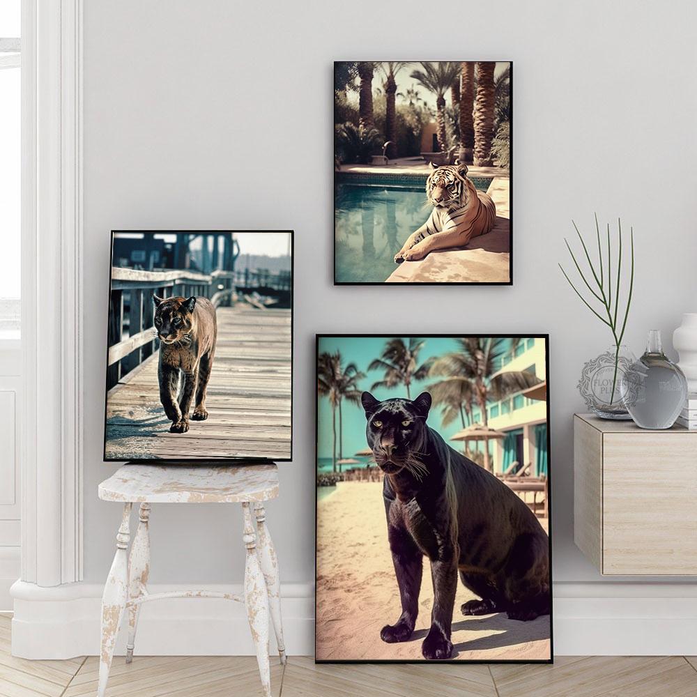 

Тигры, прогуливающиеся по бассейну Лас-Вегаса, плакат, ретро-эстетика, фото, ретро, ​​естественный стиль, настенная художественная картина