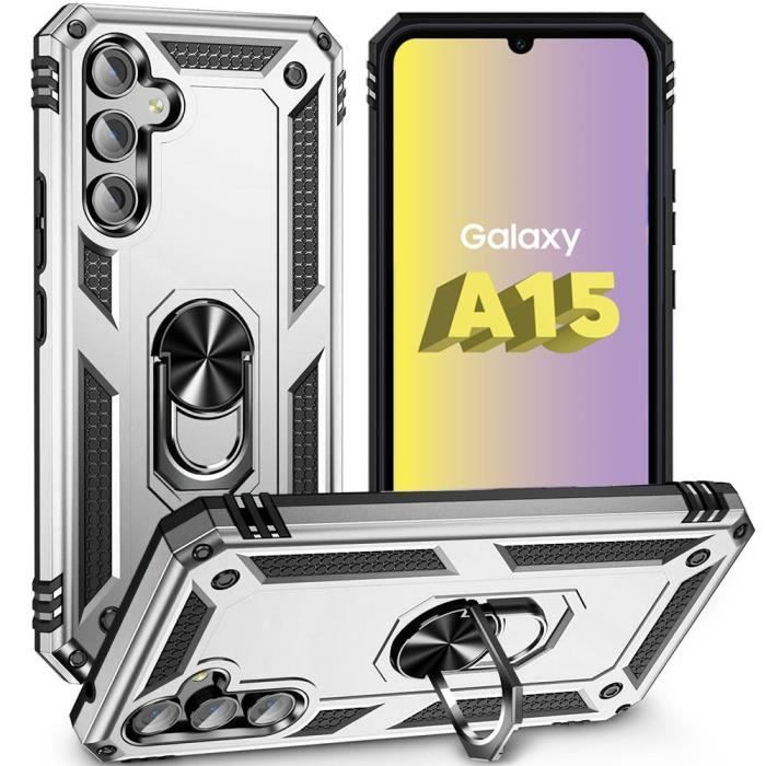 Coque de protection - BOOLING - Samsung Galaxy A15 - Rigide antichoc - Argenté - Support 360°