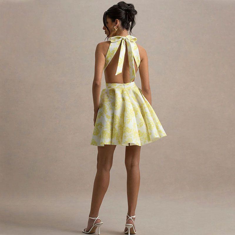 Niche Design Cross-Border New Arrival Women's Clothing Sleeveless Printed Open Back Shoelace Sexy French Style Elegance Slim Looking Dress