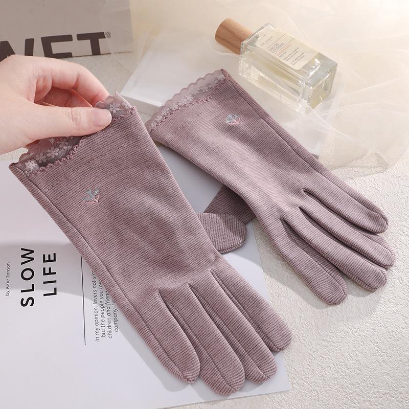 Warm Gloves Single Layer Women's Elegant Lace Houndstooth Outdoor Riding Cold Proof and Wind Proof Touch Screen Autumn and Winter Gloves