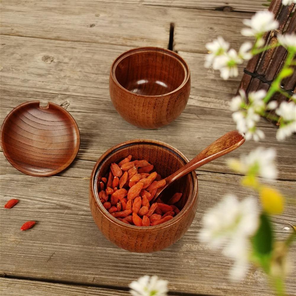 2Set Wooden Bowl Solid Wood Seasoning Jar Japanese with Lid and Spoon Sugar Bowl 2.4x3.5in Retro Seasoning Box Seasoning Storage