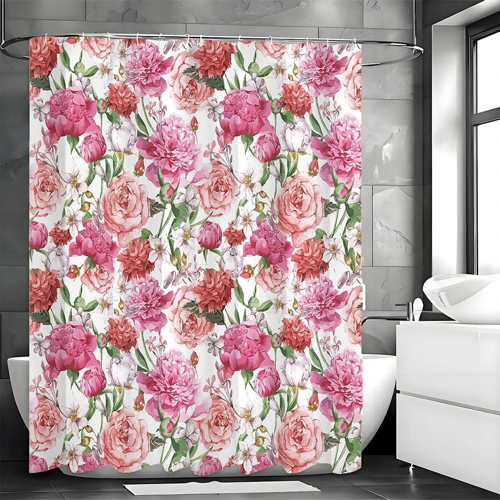 Jarní růžový květinový sprchový závěs, Dekorativní sprchový závěs do koupelny, Vodotěsný sprchový závěs s háčky