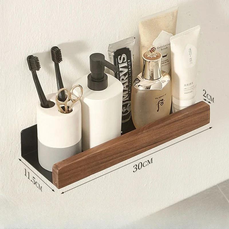 Bathroom Shelf No Punch Storage Rack Solid Wood Bathroom Shelves Punch-Free Wooden Shelf Wall-Mounted Shower Toilet Organizer