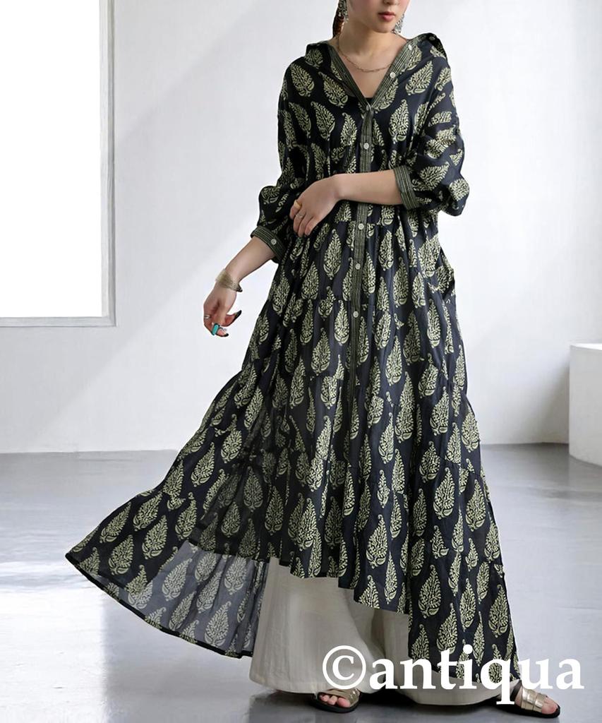 Antiqua Botanical Print Shirt Long One Size Black Dress, Women's, Sleeve, IYA-00092, 05,