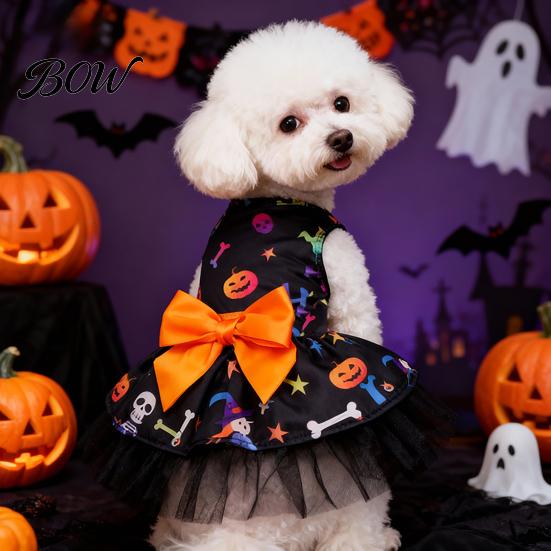Puppy Dress Halloween Dog Tulle with Bow, Skull Print Pet Outfit, Girl Party Costume for Small Dogs Cats Comfortable Clothing