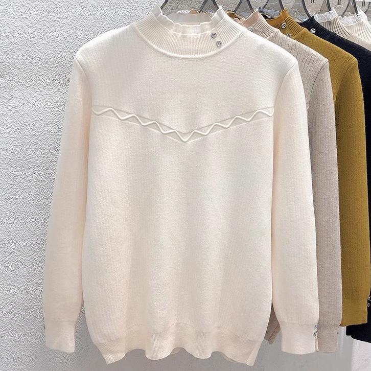 Women's Semi High Neck One-piece Velvet Pullover Sweater with Added Velvet Thickness Base Sweater Solid Color Casual Knit Sweater Autumn and Winter