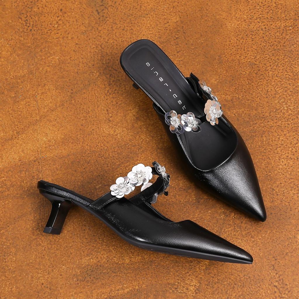 590-1 High-heeled Slippers Women's Thick Heel Summer 2025 New Bag Head Half-drag Flower Pointed Head Shallow Mouth Single Shoes